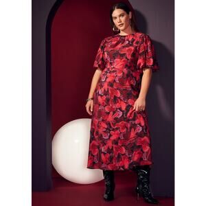 ELOQUII Puff Sleeve Fitted Dress Red Floral Midi Short Sleeve Cocktail Holiday14